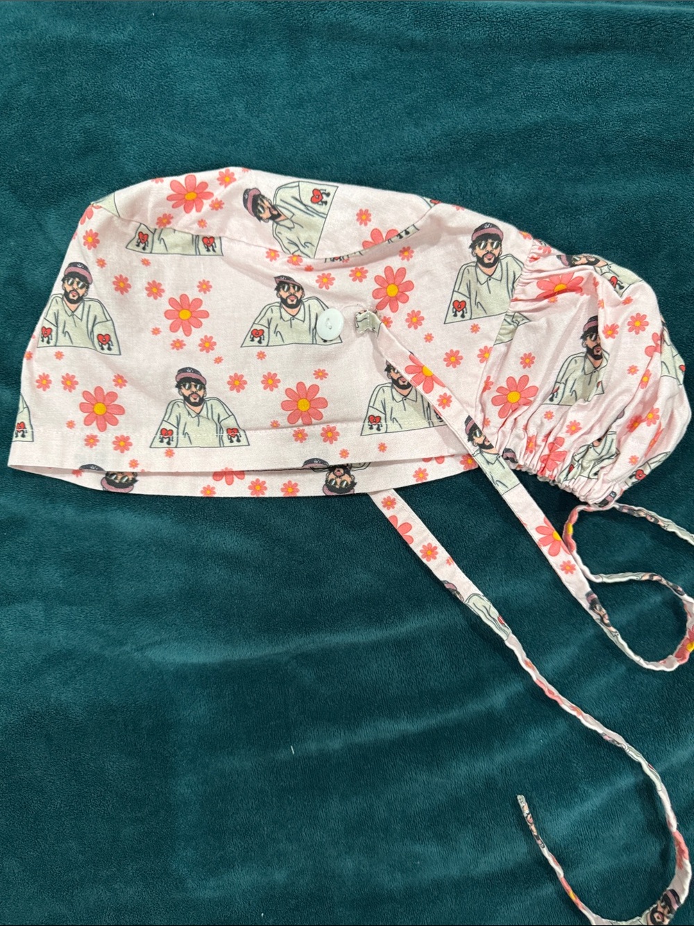 Bad Bunny Pink Flower Print Scrub Hat with Ties and Buttons.